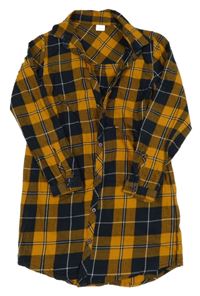 Tmavomodro-oranžovo-hnědé kostkované košilové šaty Next