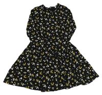 Černo-bílo-žluté květované bavlněné šaty C&A