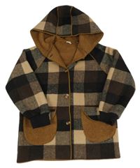 Kávovo-béžovo-černá kostkovaná zateplená bunda s kapucí 