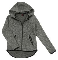 Šedo-černá melírovaná pletená propínací mikina s nášivkou a kapucí Y.F.K.