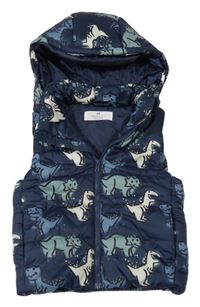 Tmavomodrá šusťáková zateplená vesta s dinosaury a kapucí H&M