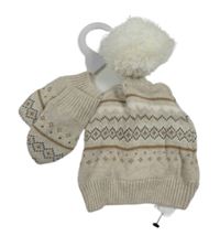 Nové - 2set - Béžová vzorovaná pletená čepice s bambulí + rukavice F&F