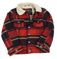 Červeno-tmavomodrá kostkovaná vlněná košilová zateplená bunda C&A