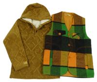 2set - Olivová plyšová bunda s logy a kapucí + kostkovaná podšitá vesta 
