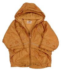 Oranžová šusťáková zimní bunda s kytičkami a kapucí Liegelind