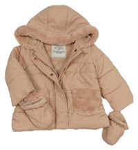 Starorůžová šusťáková prošívaná zimní bunda s kapucí + rukavice George 