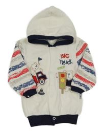 Bílo-tmavomodrá propínací sametová mikina s medvídky a kapucí 