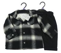 Nové - Černo-šedo-bílá kostkovaná zateplená košilová bunda + tepláky F&F