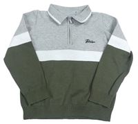 Šedo-bílo-khaki svetr s nápisem a límečkem Matalan