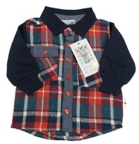 Nová - červeno-šalvějovo-tmavomodro-bílá kostkovaná vzorovaná košile s teplákovými rukávy WATCH ME GROW