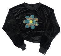 Černá sametová oversize crop mikina s květem 