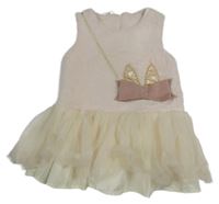 Světlerůžovo-smetanové kožešinovo/tylové šaty s mašlí a oušky