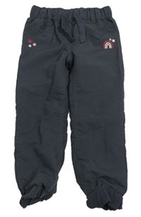 Tmavošedé cuff šusťákové podšité kalhoty s duhou a hvězdičkami Topolino