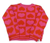 Nové - tmavorůžovo-červený oversize svetr se srdíčky a pruhy St. Bernard