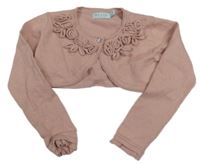 Starorůžové propínací kašmírové bolérko s 3D květy a volánky