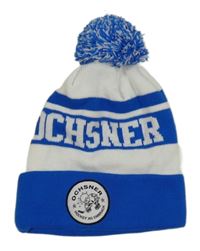 Bílo-modrá pletená hokejová čepice s nápisem a nášivkou a bambulí