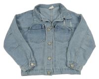 Světlemodrá riflová crop bunda s prošoupáním a kyticí a límečkem