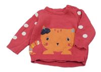 Jahodový svetr s kočičkou a puntíky NUTMEG