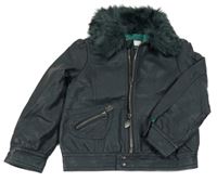 Tmavošedá koženková jarní bunda s kožešinovým límečkem Charles Vögele