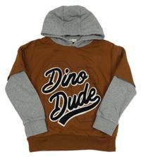 Hnědo-šedá teplá mikina s nápisy a číslem a kapucí C&A