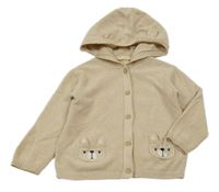 Béžový melírovaný propínací svetr s čumáčky/kapsami a kapucí s oušky lupilu