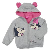 Šedá melírovaná propínací zateplená mikina s Minnie a Mickey a kapucí s bambulemi Disney
