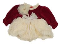 Červeno-krémové sametovo/tylové šaty s květinou a mašlí