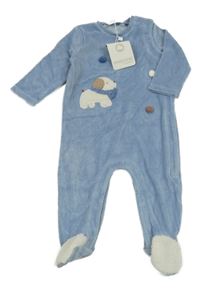 Nové - Světlemodrý sametový overal se psem a bambulemi Mayoral