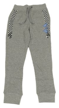 Šedé melírované žebrované lehké tepláky s kostkovaným vzorem Pocopiano