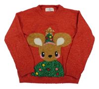 Červený melírovaný vlněný svetr s myškou s flitry H&M