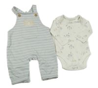 2set - Světlemodro-bílé pruhované laclové tepláky s medvědem + smetanové body Mothercare