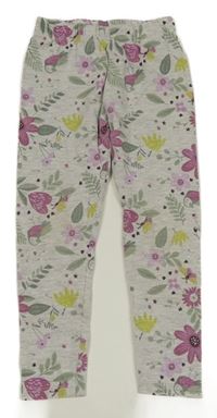 Šedé melírované květované legíny s listy a ptáčky Kids