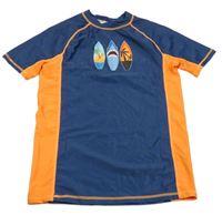 Tmavomodro-oranžové UV tričko se surfy
