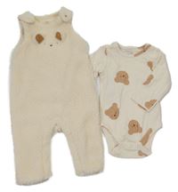 Nové - 2set - Krémové huňaté podšité laclové tepláky s medvědem + body s medvědy M&S