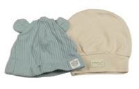 2x čepice - šedomodrá žebrovaná + světlebéžová s nášivkou 