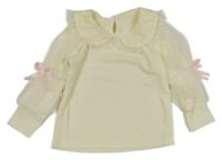 Smetanová žebrovaná halenka s tylovými rukávy a límečkem 