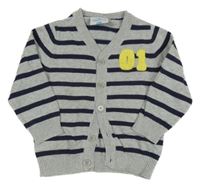 Šedo-tmavomodrý pruhovaný propínací svetr s číslem Topomini