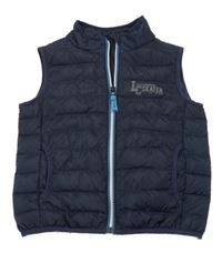 Tmavomodrá šusťáková prošívaná zateplená vesta s nápisem 