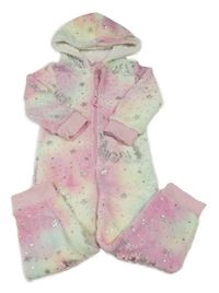 Růžovo-žlutá plyšová kombinéza s hvězdičkami a kapucí Peacocks