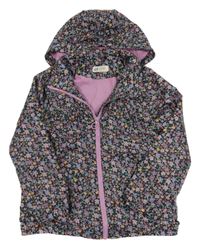 Tmavomodro-fialová květovaná šusťáková jarní bunda s kapucí H&M