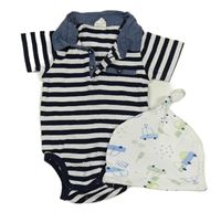 2set - Tmavomodro-bílé pruhované body s límečkem + bílá čepice s auty