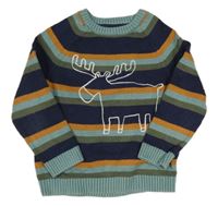 Modro-tmavomodro-okrovo-zelený pruhovaný svetr s losem Mothercare