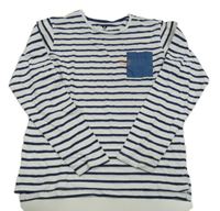 Bílo-tmavomodré pruhované triko s kapsou