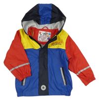 Tmavomodro-žluto-červená voděodolná jarní bunda s nápisem a kapucí Lupilu