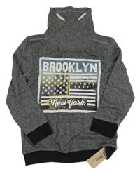 Nové - Šedá melírovaná mikina s potiskem a komínovým límcem Rebel