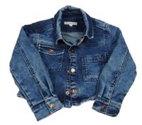 Tmavomodrá riflová tepláková crop bunda s nápisem 