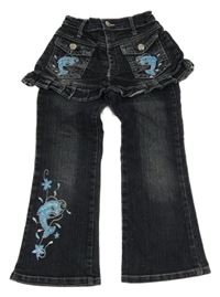 Tmavomodré flare rifle s delfíny a našitou sukní 