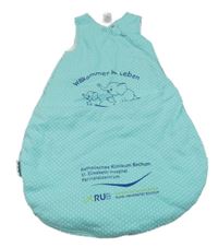 Světlemodrý puntíkatý zateplený spací pytel se slony a nápisy 