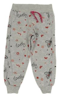 Světlešedé melírované tepláky s květy a motýlky