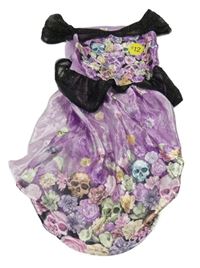 Nové - Kostým - Lila-černé saténové šaty s lebkami a tylovými prvky F&F